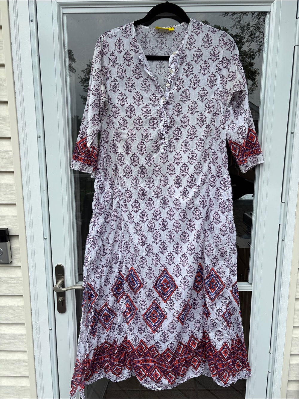 Roberta Roller Rabbit White Burgundy Orange Geometric Border Maxi Dress-XS